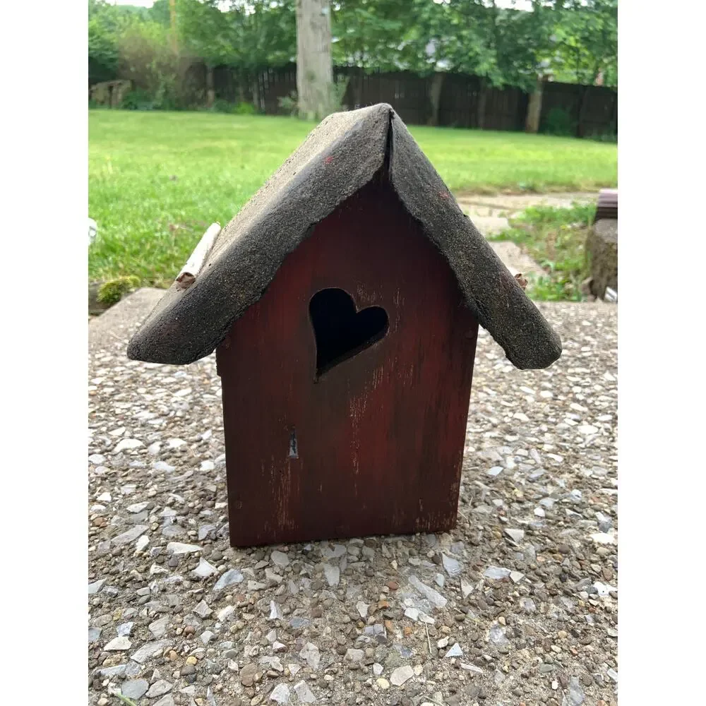 Handmade Folk Art Birdhouse Old Shingle Roof w/ Heart Entrance Light